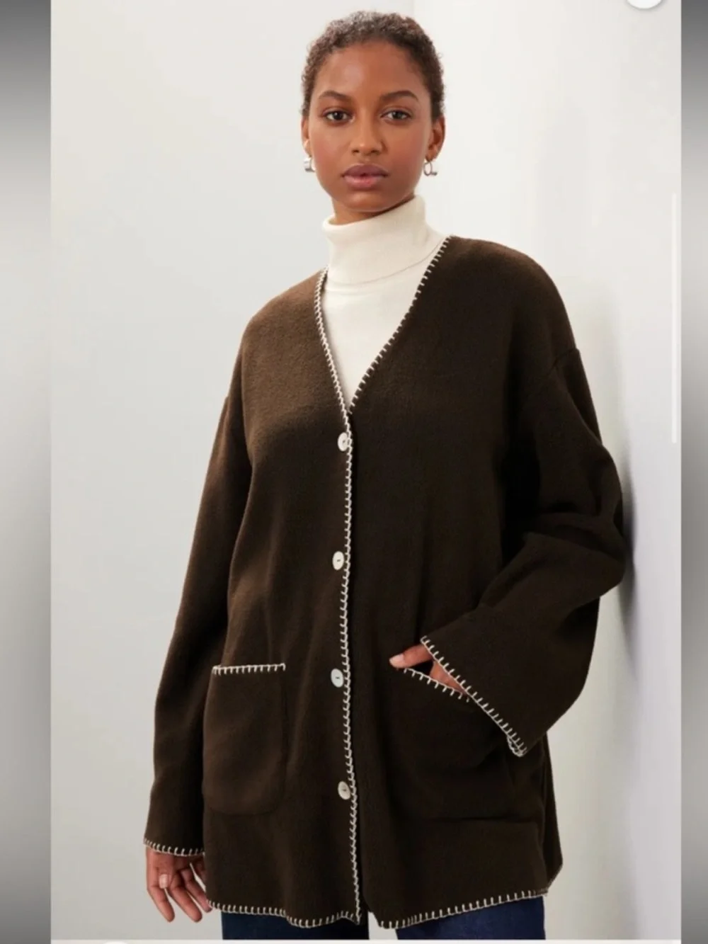 SOLD Donni Polar Fleece Brown Button-Front Contrast Stitch Cardigan XS - Picture 1 of 8